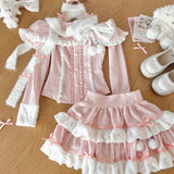 GETADME 여성 우아하고 달콤한 투피스 세트 귀여운 긴팔 슬림 탑 + Y2K 하이웨이스트 미니 스커트 가을 겨울 일본 카와이 의류