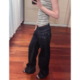 GETADME Women's American Blue Button Design Jeans Low Waist Straight Leg Loose Wide Leg Drapey Long Pants Y2K Style Slimming Denim