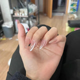 GETADME 24Pcs Metallic Cat Eye French Sheer Manicure Tip Art Textured 3D Acrylic False Nails Nude Pink Almond Medium Press on Fake Nails