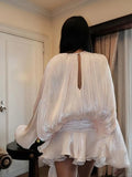 GETADME Elegant Layer Ruffles Solid High Waist Mini Dresses Women Lace Up Fashion O-neck Pleated Blouse Dress 2025 Lady Chic Outfits