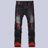 GETADME Streetwear Men Patch Ripped Jeans Black Red Design Slimming Men's Clothing Stretch Cozy Denim Pants  Hip Hop Trend Trousers