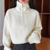 GETADME Half Zip Collar Sweater Women Pullovers Soft Knitted Long Sleeve Short Jumper Fall Winter Teen-girl Korean Fashion Outfit