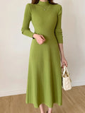 Getadme Autumn Winter  Slim Long Sleeve Party Midi Dress for Women Knitted Half High Collar Elegant Knitted Sweater Dresses Ladies