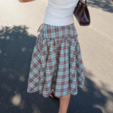 GETADME Vintage Tie-Up Ruffle Hem A Line Skirt Cottage Plaid Low Low Rise Midi Skirt Women Gingham Loose Tiered Skirt Y2k Streetwear