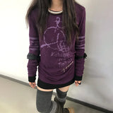 GETADME Japanese Y2k Letter Print T-shirt Women Grunge 2000s Style Vintage  Long T-Shirt Harajuku American Retro Long Sleeve Purple Tops