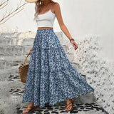 GETADME Women High Waist Floral Print A-Line Three Tiered Maxi Skirt Long Ruffle Trim Boho Summer Vacation Holiday Skirt Vestidos