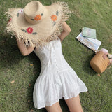 GETADME French Style White Strapless A-Line Mini Dress Women's Summer Slim Fit Sweet Style High Waist Polyester Solid Color Skirt