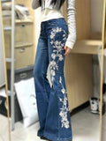 GETADME 2026 Mid Rise Retro Rose Embroidered Micro Flared Denim Pants Female Summer Hot Girls, Slim Fit And Slimming, Flared Floor Pants