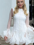 GETADME Elegant Women Round Neck Single Breasted Flare Long Sleeve Mini Dress Sweet Solid Bubble Skirt 2025 Lady Chic High Street Robes