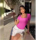 GETADME 여름 섹시 반팔 리브 스퀘어넥 통 바디수트 원피스 스퀘어 바디수트 복부 관리 바디 셰이퍼 배