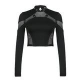 GETADME Goth Mesh Patchwork T-Shirts Sexy Hollow Out Long Sleeve Eyelet Crop Tops Fashion Women Punk Style Slim Tees Streetwear