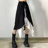 GETADME Y2k Mid-Long Skirts lrregularSpliced Streetwear Vintage Design Black WhiteContrasting High Waisted Asymmetrical MeshLong Skirts