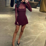 GETADME Women O Collar Mesh Splicing Long Sleeve Spring Newly Simple Mini Dresses Elegant Bag Hip Bodycon Ladies Evening Party Prom Robe
