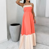 GETADME Ladies Fashion Spaghetti Strap U Neck Patchwork Ruched Hem Maxi Party Evening Dress Summer Backless Skinny Outfits Streetwear