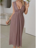 GETADME Sexy Pajamas Long Nightgown Home Wear Fashion Lace Dress For Women Deep V Sleepwear Chiffon Nightdress Wedding Night Clothes