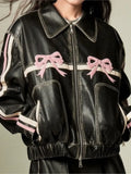 Getadme Y2k Bow Pu Leather Jacket Women Autumn Fashion Zipper Polo Collar Tops Sweet Cool Personal Street Vintage Oversized Coats