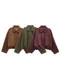 GETADME HH Women Brown Green Suede Jacket Loose Casual Bomber Coat Lapel Zipper Long Sleeve Jackets Vintage Lady Motorcycle Outwears