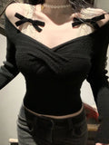 Getadme-Fashion Simple Slash Neck Knitted Sweater Bow Fake Two Pieces Long Sleeve Slim Pullovers Black Chic Gothic Clubwear Streetwear