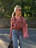 GETADME Elegant Ruffles Flared Sleeve Oversized Shirt For Women Chic V-neck Solid Cropped Blouse 2025 Office Lady Commute Streetwear New