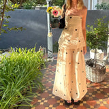 GETADME 새로운 도트 프린트 스트랩리스 지퍼 탱크 탑 세트 여성용 우아한 오프 숄더 하이 웨이스트 와이드 레그 롱 팬츠 수트 레이디 스트리트웨어