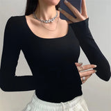 Getadme U Neck Long Sleeve Shirt Women Warm Fleece Sexy Cropped Tops Autumn Winter Black Casual Skinny Slim Basic T Shirt Woman