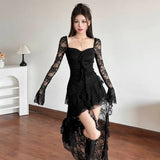 GETADME SylCue Mesh Patchwork Long Dresses Women Autumn New Style Square Collar Flared Sleeve Ruffle Ribbon Street Sexy Fashion Vestidos