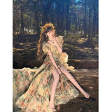 Getadme Ruffleds Floral Long Dresses for Women Summer Casual Short Sleeve Elegant Party Korean Chic Holiday Sweet Female Clothing