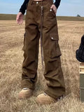 GETADME 2026 Ropa Y2K Streetwear Multi Pockets Brown Baggy Cargo Jeans Pants For Women Clothes Straight Cotton Hip Hop New Lady Trousers