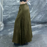 GETADME Green Retro Zipper Patchwork Lace Half Skirt Drawstring Elastic Waist Pocket Long Skirt Spring/Summer New Ethnic Style Skirt