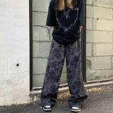 GETADME 코듀로이 팬츠 남성 여름 얇은 패션 브랜드 프린트 스트레이트 실린더 루즈 커플 레트로 드레이프 와이드 레그 캐주얼 