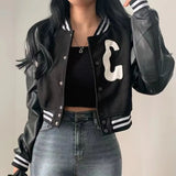 Getadme-Autumn Cropped Bomber Jacket Women Vintage Korean Fashion Oversize Gothic Style Baseball Short Jackets Kpop Chic Streetwear