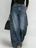 GETADME Women's High Waist Straight Leg Jeans Metal Ring Hollow Denim Pants Baggy Autumn Casual Long Jeans with Pockets Street Style