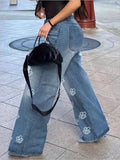 GETADME Women's Jeans 2025 Spring Autumn New Fashion Floral Print High Waist Pocket Design Loose Jeans Straight Leg Casual Spants