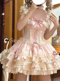 GETADME Japanese Sweet Lolita Kawaii  Fluffy Dress Women JK Lovely Ballet Princess Cake Dresses Harajuku Lace Bow Patchwork Cute Outfit