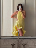 GETADME Women Romantic Yellow Halter Maxi Dress Ribbed Knit Ruffled High-slit Slim-fit Vestido 2026 Lady New Spring Trendy Fashion Robes