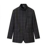 GETADME HH Women Fashion Plaid Blazer Coat Stand Collar Long Sleeve Jacket 2026 Spring Trend Casual Office Lady Chic Outerwear