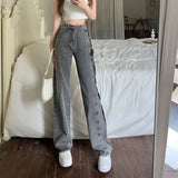 Getadme-Black Gray Lace Up Design Jeans Women Vintage High Waist Straight Denim Pants Female Autumn Winter New Chic Wide Leg Trousers