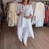 Getadme 여성 코튼 리넨 투피스 세트 봄 여름 느슨한 솔리드 와이드 레그 팬츠 반팔 상의 빈티지 스트리트웨어 의상