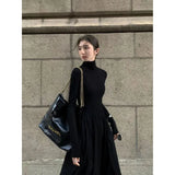 GETADME New French Style Temperament Women's High-Grade Black Dress Hepburn Style Gray Turtleneck Dress for Women Autumn Winter DF4964