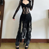 GETADME Elegant Long Sleeve T-Shirt Women's Lace See-through Slimming Holiday Style Sexy Top Square Collar Patchwork Slinky Fabric