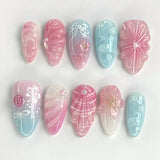 GETADME 24Pcs 3D Strawberry Rabbit Flower Fake Nails Press on Mid-length Almond Wearable False Nails Green Gradient Pearl Manicure Tips