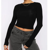 T-shirt court moulant pour femme Getadme, automne, couleur unie, col rond, manches longues, nombril apparent