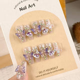 GETADME 10개 수제 가짜 손톱 라인스톤 투명 스팽글 롱 프레스 온 네일 팁 3D 나비 장식 가짜 손톱 고품질 