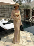 GETADME 2025 Summer Sexy U-neck Bell Sleeve Knit Maxi Dress Women Swimwear Feminine Bikinis Cover-ups Holiday Crochet Beach Dresses K21