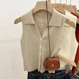 GETADME 여름 시크 아이스 실크 니트 폴로 라펠 씬 슬림핏 실루엣 탱크 아우터 베스트 여성용 숄더 베스트 노슬