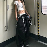 GETADME Y2K Black Cargo Pants Women Streetwear Plaid Patchwork Baggy Sweatpants Harajuku Wide Leg Joggers Summer Korean Casual Trousers