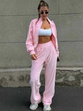 GETADME Women Sweatshirt Pants Suit Casual Stand Collar Zip-Up Jackets Loose Elastic Waist Pants Set Female 2025 Velvet Tracksuits