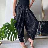 GETADME Women Lantern Pants Elastic Waist Lantern Pants for Women Glitter Wide Leg Trousers for Party Streetwear Spring Summer Bloomers