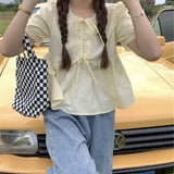 GETADME Ruffles Shirts and Blouses Korea Short Sleeve Top Women 2025 Summer Lace-up Sweet Blouses Cute Elegant Solid Sweet Folds Clothes