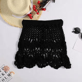 GETADME Handmade Crochet Hollow Out Swimwear Cover Up Solid Color Drawstring Short Skirt Women Holiday Knitting Sweet Beachwear